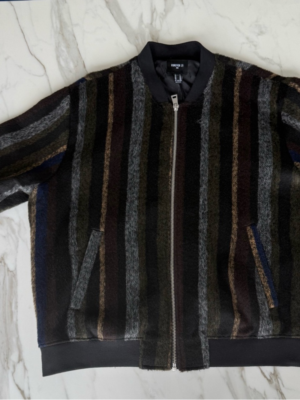 Fuzzy Forever 21 Striped Zip-Up Bomber Jacket - Black, Gray, Olive, Brown, Navy